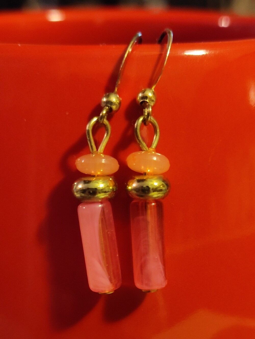 Handmade Pink Glass & Gold Bead Drop Earrings